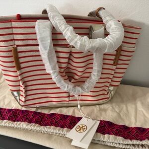 Tory Burch Red Poppy and Tan Striped Women's Bag NWT